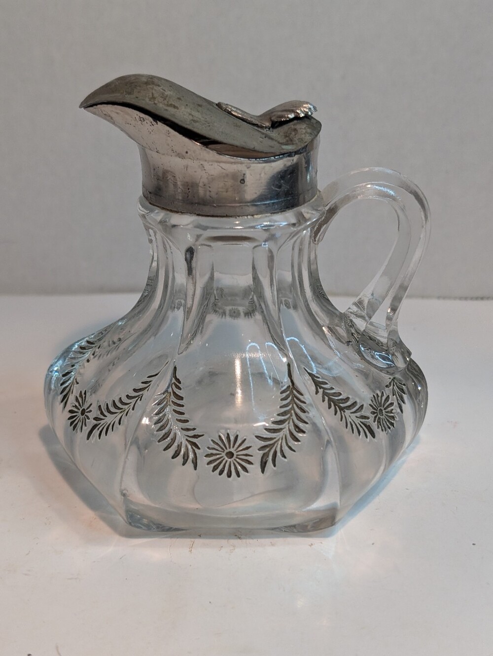 Antique Early American Press Cut Floral Glass Syrup Pitcher
